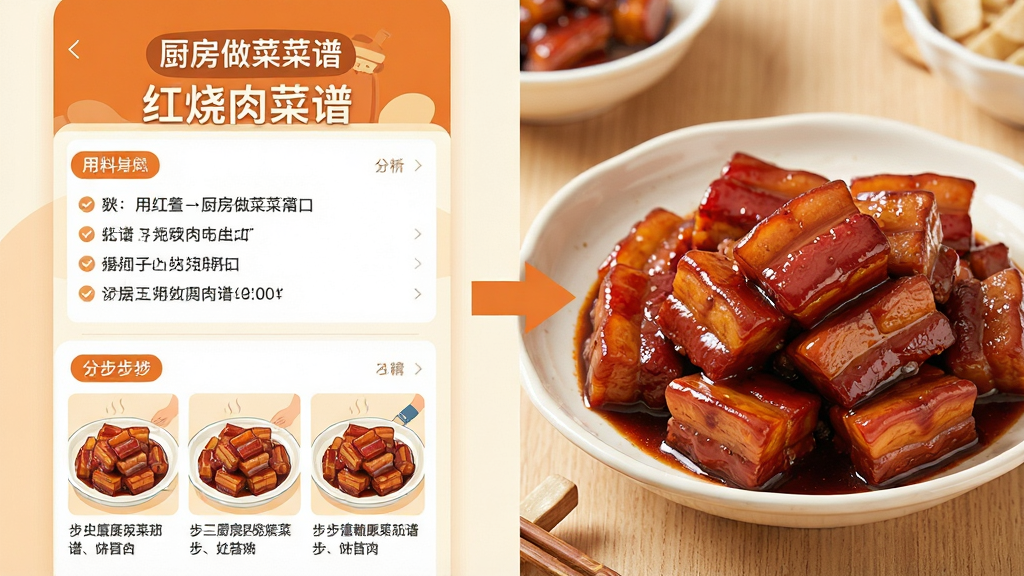 一张信息图风格图片,画面左侧是“厨房做菜菜谱”应用中的一道红烧肉菜谱详情页,展示用料清单和分步图文步骤;右侧用箭头连接对应的成品红烧肉特写,色泽红亮、摆盘家常。整体采用扁平化插画与实拍结合的风格,配色以暖橙和米白为主,布局清晰,文字标签明确,画质干净,无多余元素。