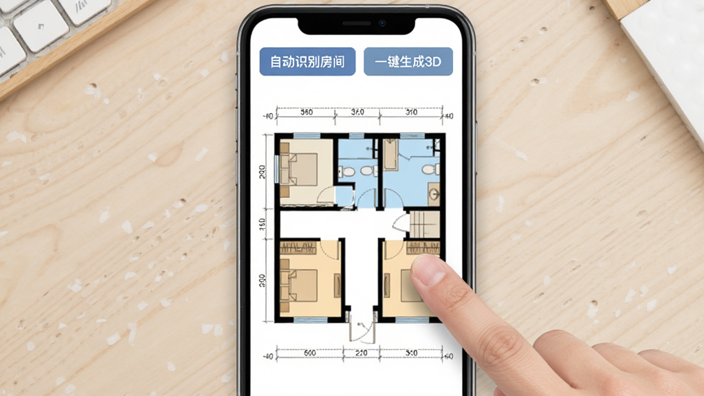 ����AI���ͱ༭����չʾͼ����������Ϊ�ֻ���Ļ����Ļ����ʾһ����ά����ƽ��ͼ��ǽ�塢�Ŵ����ߴ��ע�����ɼ�����ָ������קһ��ǽ�壬��Ļ�Ϸ��С��Զ�ʶ�𷿼䡱��һ������3D���Ȱ�ť������Ϊǳɫ���棬����ֱ�ۣ�������ƽ�����ʸɾ��޶���Ԫ��