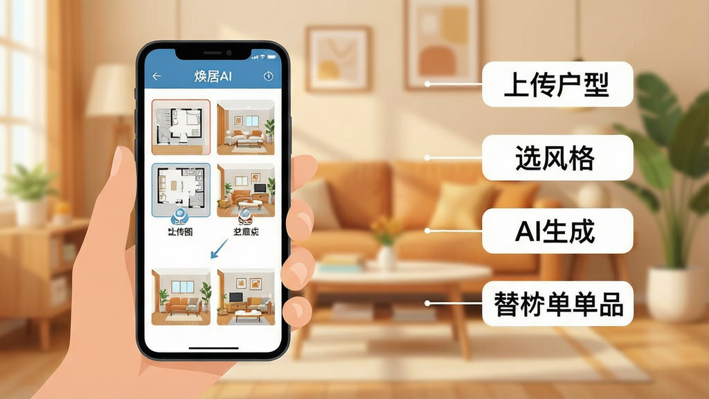һ��չʾ����AI���ֻ��ϲ������̵�ʾ��ͼ��������һֻ�������ֻ�����Ļ����ʾ���ϴ�����ͼ������Ч��ͼ�ٵ��滻�Ҿߵ�������������ͼ���Ա��С��ϴ����͡���ѡ��񡱡�AI���ɡ����滻��Ʒ�������ֱ�ǩ������Ϊ��ܰ�Ҿӻ�������������������ƽ�������ʸɾ��������޶���Ԫ��