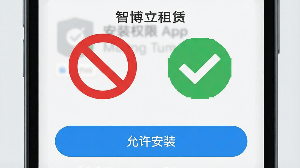 手机屏幕特写,画面显示智博立租赁App的安装权限设置界面,旁边漂浮着红色禁止符号和绿色对勾图标,底部有“允许安装”的按钮高亮显示,背景为浅灰色,风格扁平化教程插图,细节清晰,画质干净,无多余文字元素