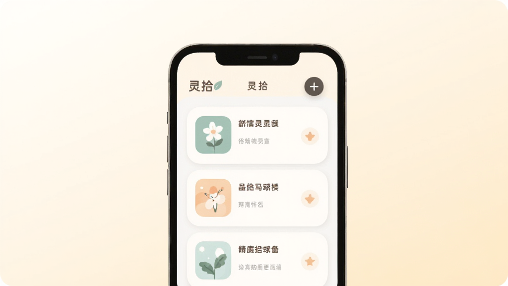 ���������ǡ���ʰ��Ӧ�õ��������ֻ�ģ�ͣ�����Ϊǳ��ɫ���䣬������չʾ���Ŀ�Ƭʽ��¼�б��������С���ʰ������Logo���Ҳ�����һ���ӺŰ�ť�����Ϊ��ƽ���廭��ϸ��Բ�󣬻��ʸɾ��޶���Ԫ��