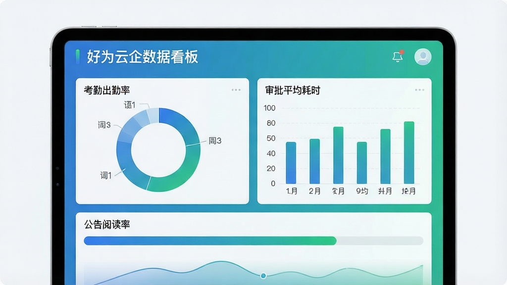 一张展示好为云企数据看板界面的图片,主体为平板电脑屏幕显示统计页面,布局为顶部标题栏,中间左侧为考勤出勤率环形图、右侧为审批平均耗时柱状图,下方为公告阅读率进度条,风格为数据可视化商务风,配色以蓝绿渐变为主,细节精致,画质干净,无多余元素