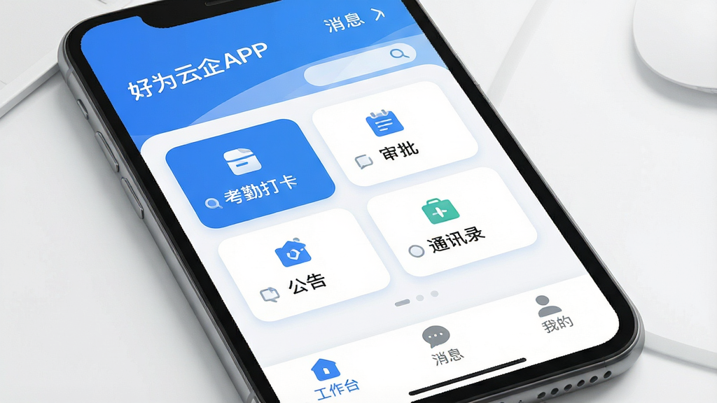 一张展示好为云企软件整体界面的图片,主体为手机屏幕中显示好为云企APP首页,布局为顶部企业名称与消息入口,中间排列考勤打卡、审批、公告、通讯录四个功能卡片,底部为工作台、消息、我的三个导航标签,风格为现代扁平化设计,细节圆润,配色以蓝白为主,画质干净清晰,无多余元素