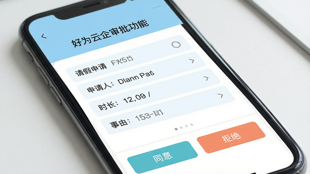 一张展示好为云企审批功能界面的图片,主体为手机屏幕显示审批流程详情页,布局为顶部显示请假申请标题,中间竖向排列申请人、部门、时长、事由等信息条目,底部为同意与拒绝两个操作按钮,风格为简洁商务风,配色以浅蓝和白色为主,细节清晰,画质干净,无多余元素