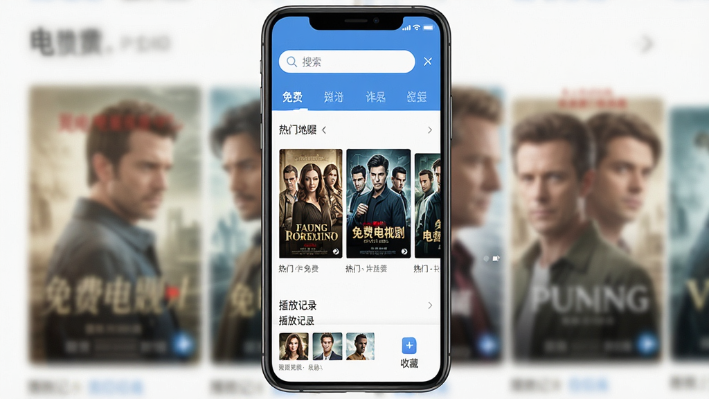 一张展示免费电视剧大全软件主界面的图片,画面中央是手机屏幕,屏幕里显示着免费电视剧大全的首页,顶部有搜索框和分类标签,中间是横向滚动的热门剧集海报墙,底部是播放记录与收藏入口,整体布局清晰,风格现代扁平,蓝白配色,画质干净,无多余元素