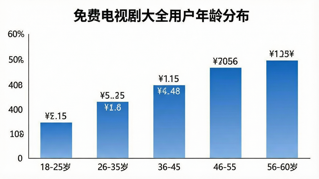 一张柱状图图片,标题为「免费电视剧大全用户年龄分布」,横轴为18-25岁、26-35岁、36-45岁、46-55岁、56-60岁五个年龄段,纵轴为用户占比百分比,柱状图颜色为统一的蓝色渐变,数据标签清晰显示在柱体上方,背景干净整洁,风格商务简约