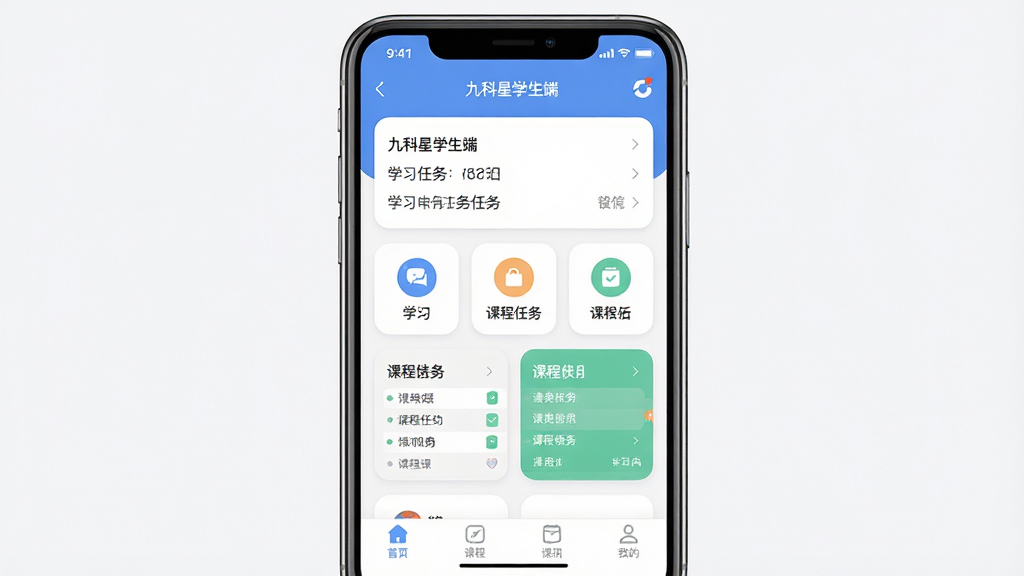 一张展示“九科星学生端”手机应用主界面的图片,主体是一部居中放置的智能手机,屏幕内显示清爽的学习任务列表和课程表卡片,布局为顶部状态栏、中间功能图标网格、底部导航栏,排版整齐留白充足,风格现代扁平化,细节处图标圆润、文字清晰,画质高清干净,无多余装饰元素