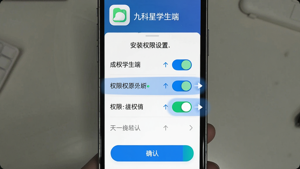 一张展示“九科星学生端”安装与权限设置引导界面的图片,主体为手机屏幕特写,画面布局为顶部应用图标、中间权限开关列表带高亮标注、底部确认按钮,排版垂直清晰,风格简洁引导式,细节处开关按钮有蓝绿状态色、箭头指示明确,画质干净无多余元素