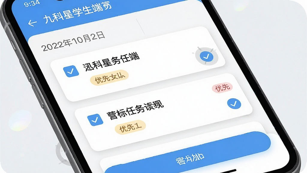 一张展示“九科星学生端”学习任务管理界面的图片,主体是手机屏幕特写,画面布局为顶部日期栏、中间任务卡片列表带勾选框和优先级标签、底部添加入口,排版清晰层级分明,风格简约清新,细节处卡片有轻微阴影、勾选动效痕迹,画质干净无杂乱元素