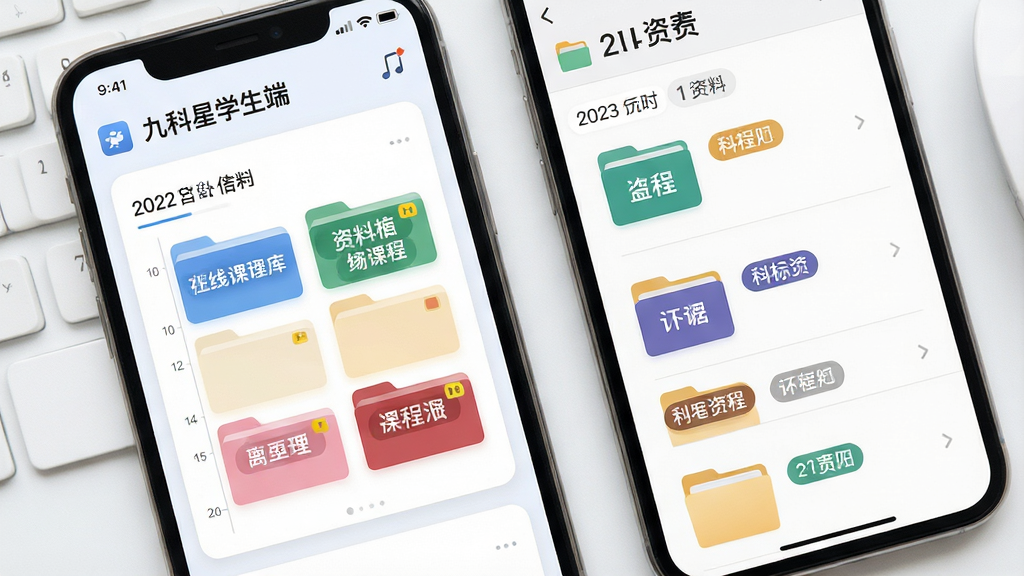 一张展示“九科星学生端”离线资料库与课程表联动界面的图片,主体为手机屏幕平铺展示,画面布局左侧课程表卡片、右侧资料文件夹列表带科目标签,排版错落有致,风格清爽学习风,细节处文件夹图标有科目色块区分、日期标签清晰,画质高清干净无多余元素
