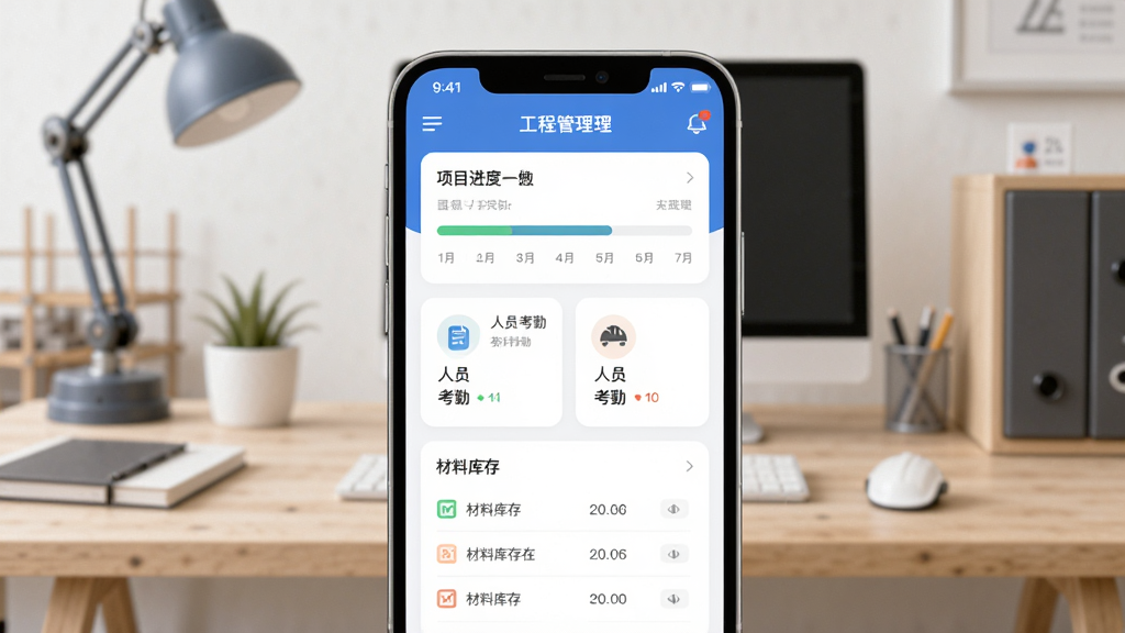 天工云匠软件核心全貌展示,画面中央是手机屏幕显示工程管理App主界面,包含项目进度条、人员考勤卡片、材料库存列表三个模块,背景是简洁的工地办公桌场景,风格现代扁平化,细节圆润,画质干净清晰,无多余装饰元素