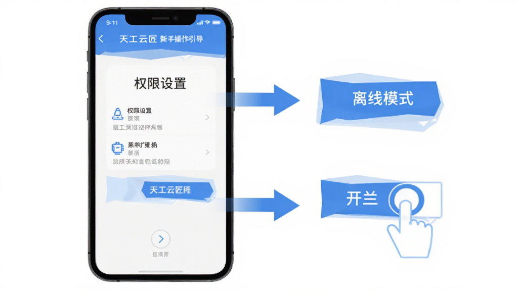天工云匠新手操作引导界面展示,手机屏幕显示权限设置页面和离线模式开关,旁边有箭头指示操作步骤,风格扁平化教学图示,蓝白配色,画质干净清晰,无多余元素