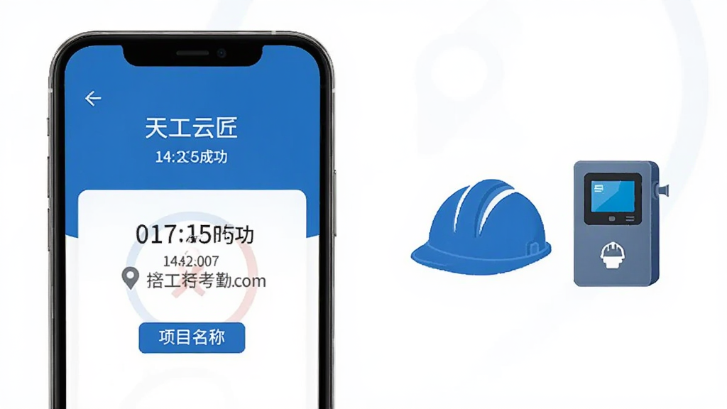 天工云匠考勤打卡功能界面展示,手机屏幕显示打卡成功页面,带有时间地点水印和项目名称标签,旁边有工人安全帽和打卡机图标,风格简洁商务,蓝白配色,画质干净无杂乱元素