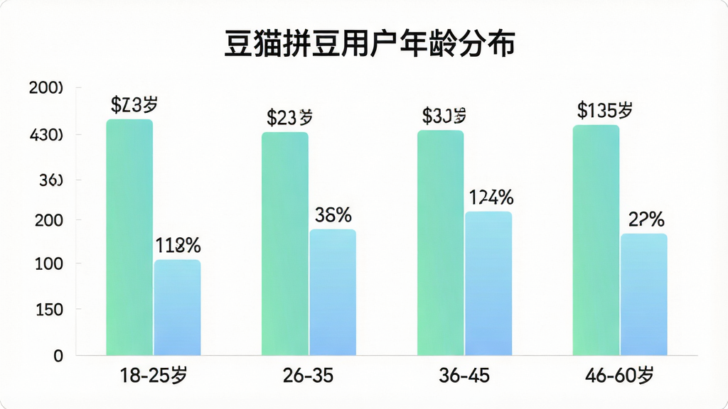 一张展示豆猫拼豆用户年龄分布的柱状图,横轴标注18-25岁、26-35岁、36-45岁、46-60岁四个年龄段,纵轴为使用人数占比,柱状图颜色为清新的薄荷绿和浅蓝色渐变,图表标题为「豆猫拼豆用户年龄分布」,背景干净简洁,数据标签清晰可见,风格现代扁平,画质干净,无多余元素