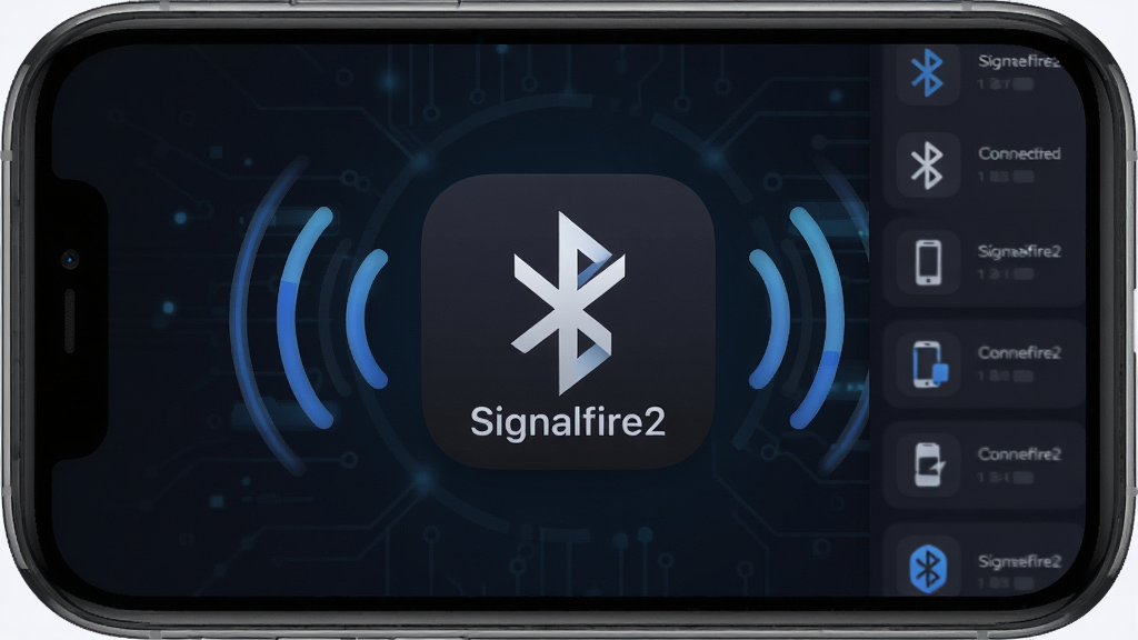 一张展示Signalfire2软件核心界面的手机截图,画面中央是“Signalfire2”应用图标,背景为深色科技感风格,周围环绕着蓝牙信号波纹和连接设备列表的简约图形,布局清晰,风格现代扁平,细节圆润,画质干净无多余元素