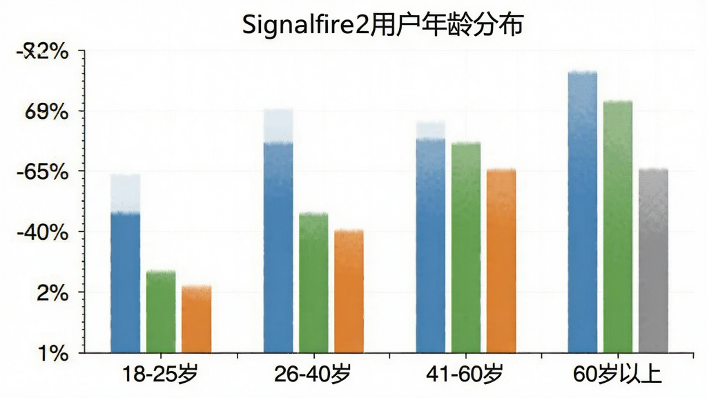 一张柱状图展示Signalfire2用户年龄分布,横轴为年龄段“18-25岁”、“26-40岁”、“41-60岁”、“60岁以上”,纵轴为用户占比百分比,柱体颜色分别为蓝色、绿色、橙色、灰色,图表标题为“Signalfire2用户年龄分布”,风格简洁清晰