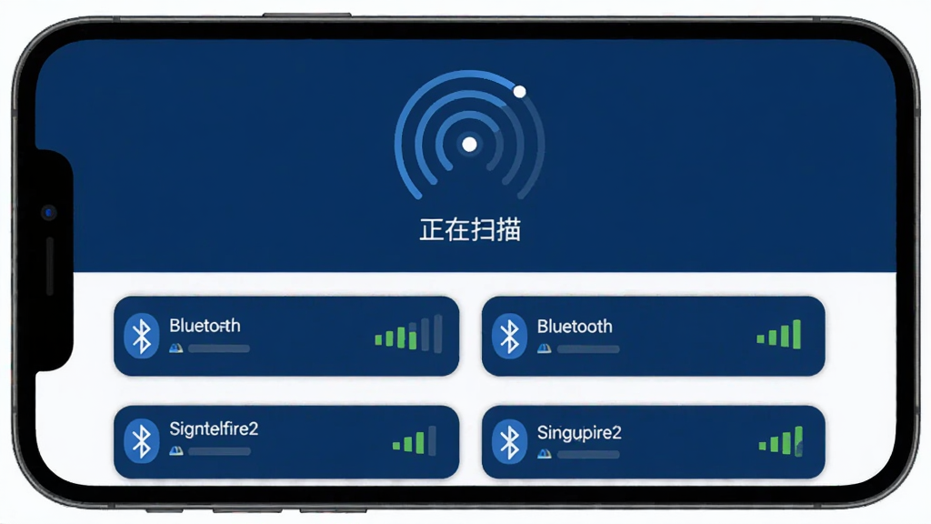 Signalfire2软件扫描界面的手机截图,屏幕上半部分显示“正在扫描”的动态波纹图标,下半部分排列着多个蓝牙设备名称和信号强度图标,界面以深蓝和白色为主色调,布局干净,风格扁平化,画质清晰