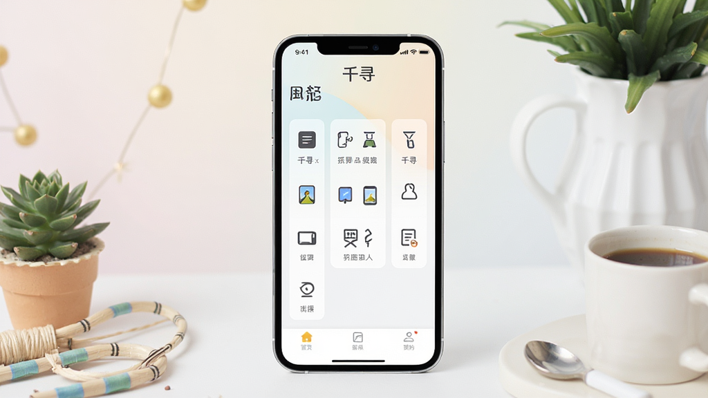 一张展示手机应用界面的场景图,画面中央是一部竖屏手机,屏幕里显示“千寻”App的主界面,顶部有“千寻”字样,界面布局简洁,功能图标整齐排列,背景是柔和的浅色渐变,周围有少量生活化的小物件点缀,整体风格现代清爽,画质干净,无多余元素