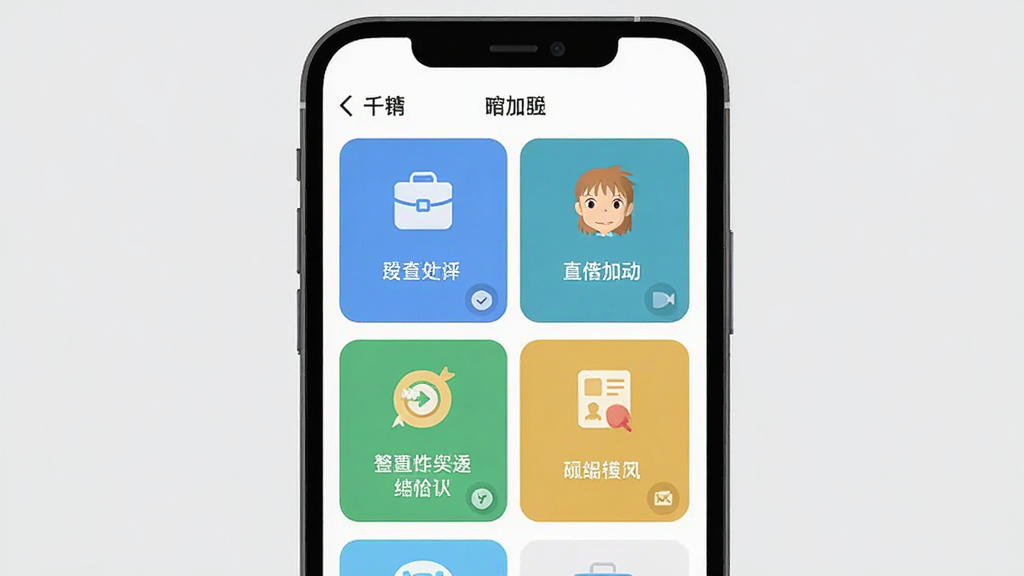 一张“千寻”App功能展示图,画面以手机屏幕为主,屏幕中呈现多个功能模块的卡片式布局,每个卡片配有简洁图标和文字标签,背景为浅灰色,风格扁平化,画质清晰干净,无多余装饰元素