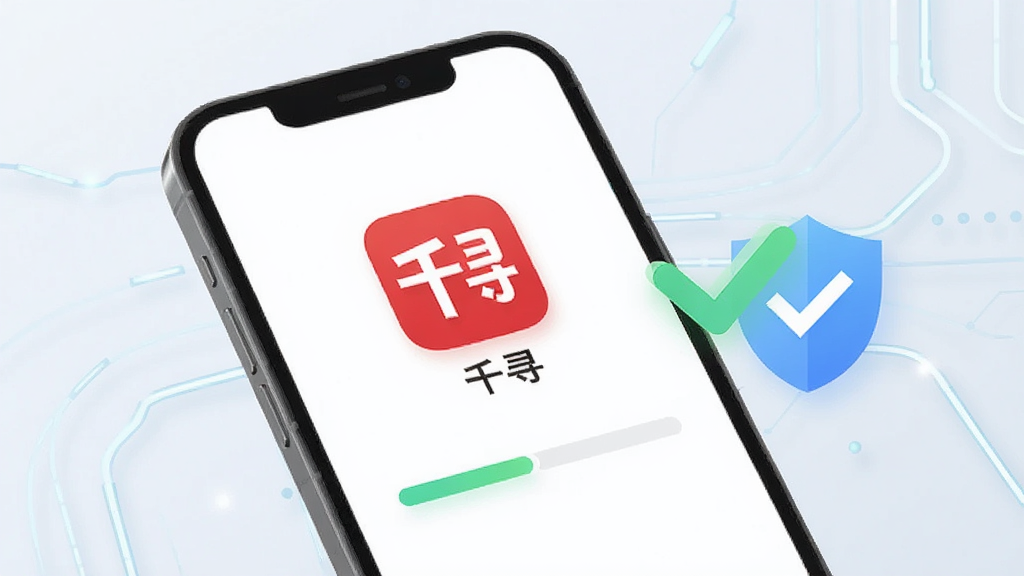 一张“千寻”App安装使用场景图,画面展示一部手机正在安装应用,屏幕上有进度条和“千寻”图标,旁边有对勾和盾牌元素象征安全安装,背景为浅色科技感线条,风格简洁明快,画质干净,无多余元素