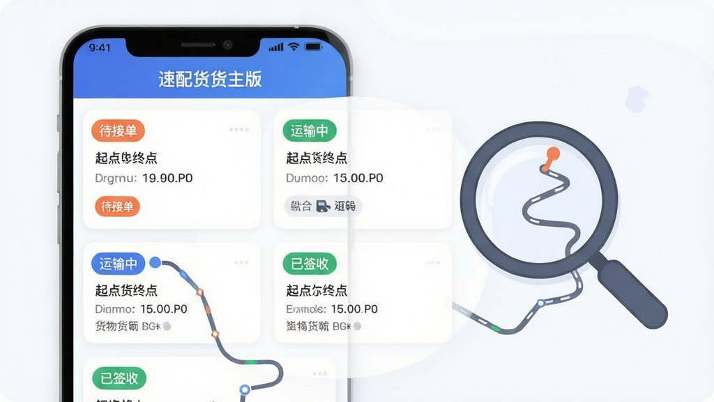 ���������ǡ�����������桱�˵��б����棬��Ļ����ʾ����˵���Ƭ��ÿ�ſ�Ƭ��ע�����ӵ����������С�����ǩ�ա���״̬��ǩ����Ƭ�ϻ�������յ�ͻ���ժҪ������Ϊ�ֻ���Ļ����չʾ���Ա�����һ���Ŵ�ͼ���·�߹켣�������Ű��η��������Ϊ�ִ���ƽUI�廭��ϸ�ڰ���״̬��ǩ����ɫ���ֺ͡�����������桱�����������ʸɾ��������޶���װ�Ρ�