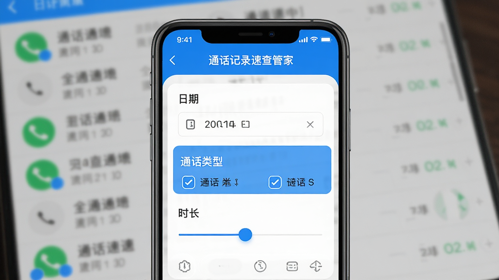 一张界面展示图,画面中一部手机屏幕显示“通话记录速查管家”的筛选面板,面板上有日期选择器、通话类型勾选项和时长滑块,背景是模糊的通话记录列表,整体风格清爽,以蓝色高亮显示已选条件,画质干净,无多余装饰元素