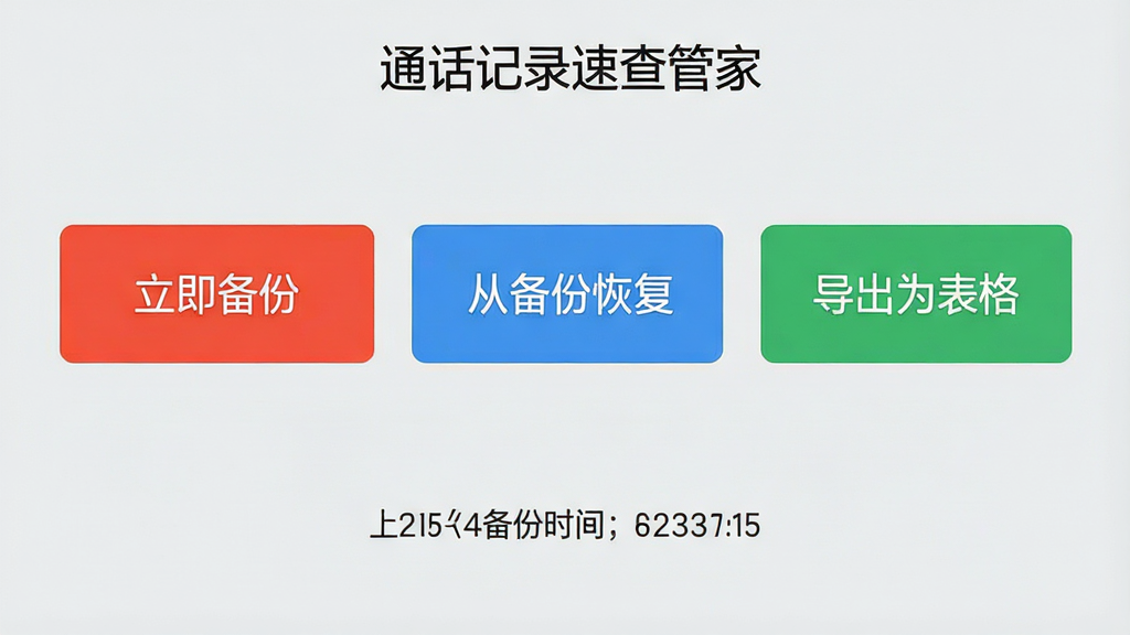 一张手机界面示意图,画面展示“通话记录速查管家”的备份与恢复页面,页面上有“立即备份”“从备份恢复”“导出为表格”三个大按钮,按钮下方显示上次备份时间,背景为浅灰色,整体风格扁平化,文字清晰,画质干净,无多余图标