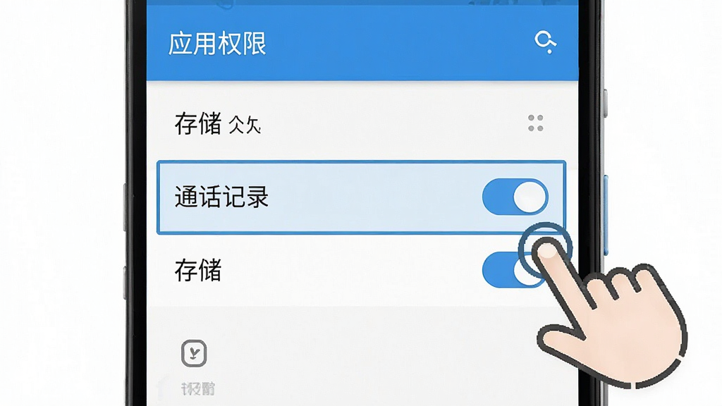 一张手机操作示意图,画面展示安卓手机设置页面中“应用权限”界面,高亮标注“通话记录”和“存储”两个权限开关,旁边有手指点击的示意图标,整体风格简洁,配色以系统蓝白为主,画质干净,无多余元素