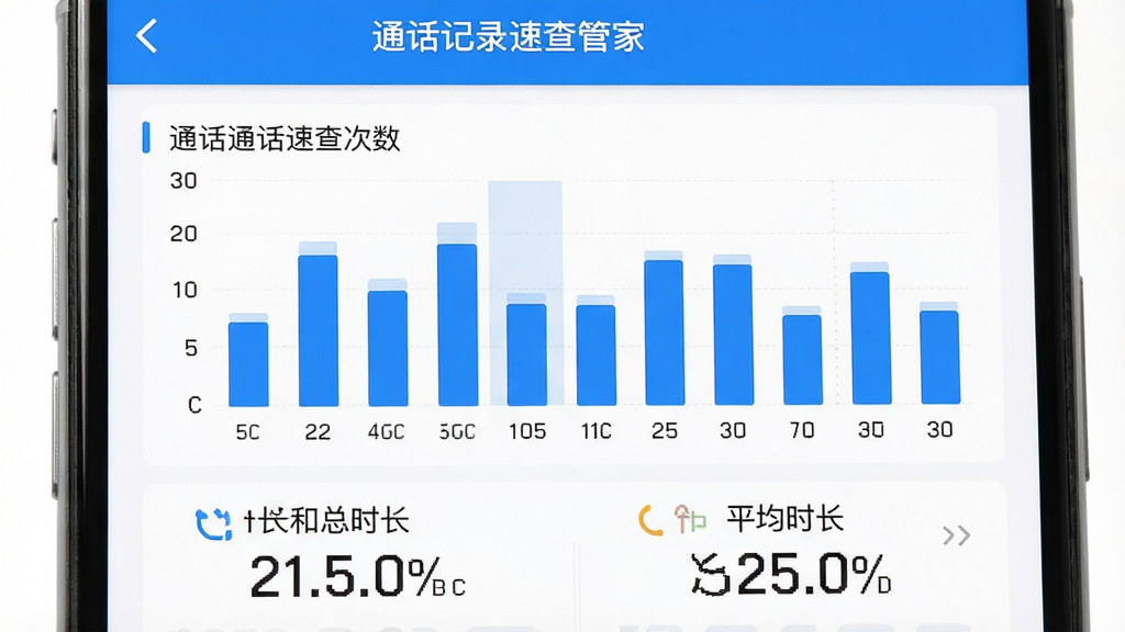 一张手机界面展示图,画面中“通话记录速查管家”的统计页面,上方是本周通话次数柱状图,下方显示总时长和平均时长数字,配色以蓝色柱体和白色背景为主,图表简洁明了,画质干净,无多余元素