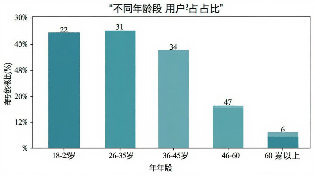 一张横向柱状图,展示不同年龄段用户占比,横轴为年龄段,纵轴为百分比,18-25岁占百分之二十二,26-35岁占百分之三十一,36-45岁占百分之二十四,46-60岁占百分之十七,60岁以上占百分之六,图表配色为蓝绿色系,风格简洁,画质清晰,无多余元素
