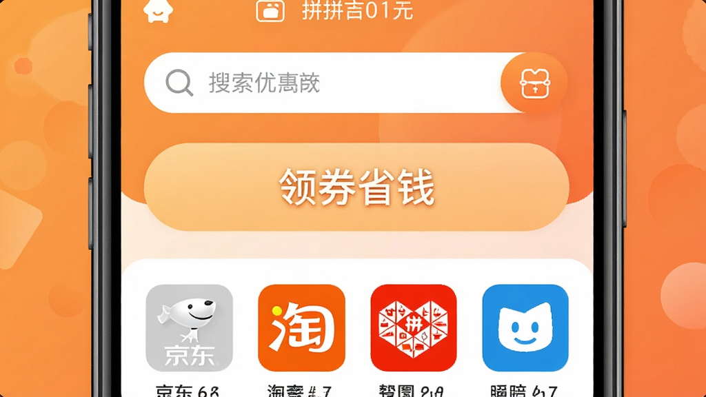 拼拼优惠商城手机APP主界面截图,画面中央是搜索框和“领券省钱”大按钮,下方排列着京东、淘宝、拼多多等平台图标,背景是暖橙色渐变,风格扁平清爽,画质清晰,无多余元素