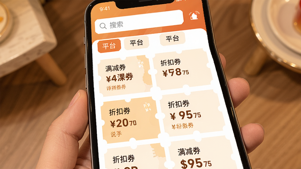 拼拼优惠商城优惠券列表页面,手机屏幕显示多张优惠券卡片,每张卡片标注“满减券”“折扣券”和券后价格,顶部有搜索栏和平台筛选标签,界面干净,文字清晰,暖色调,画质细腻