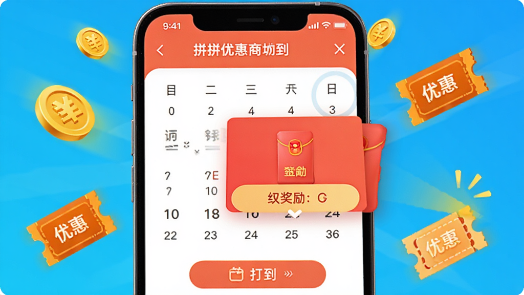拼拼优惠商城签到页面,手机界面显示日历打卡记录和红包奖励弹窗,周围有金币和优惠券图标漂浮,风格活泼,色彩明亮,画质干净