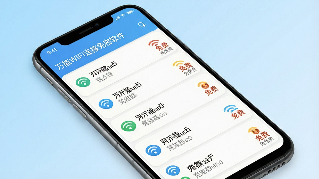 一张展示万能WIFI连接免密软件主界面的手机截图风格图片,画面中央是一部智能手机,屏幕上显示着简洁的WiFi热点列表界面,列表项带有信号强度图标和免费标识,背景是浅蓝色渐变,风格干净现代,细节清晰,画质干净无多余元素