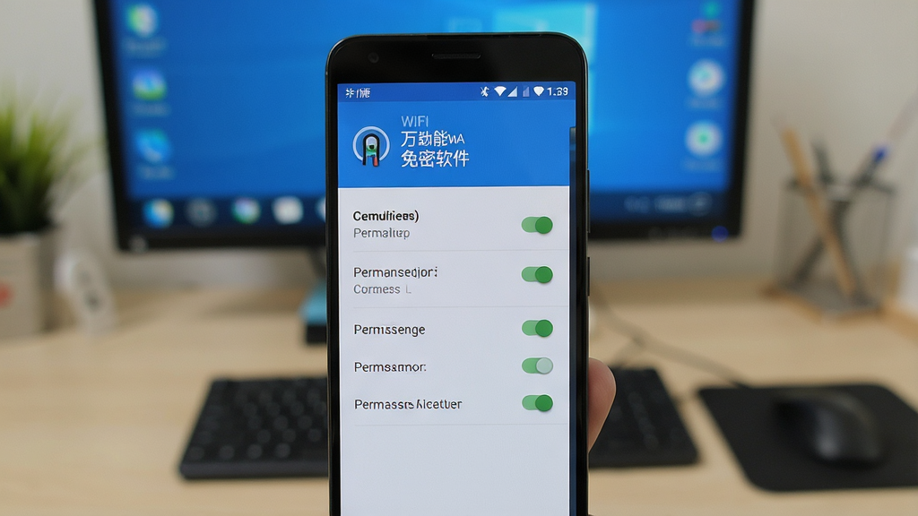 一张展示万能WIFI连接免密软件在安卓手机上安装权限设置界面的图片,画面中手机屏幕显示权限开关列表,背景是桌面环境,风格简洁明了,细节清晰,画质干净