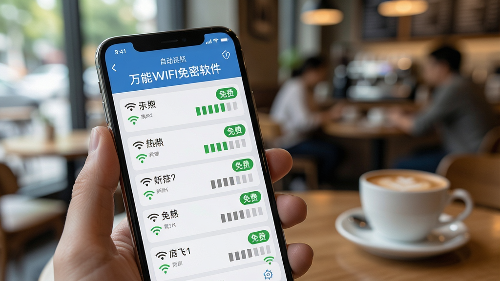 一张展示万能WIFI连接免密软件自动扫描并列出附近免费WiFi热点的界面图片,画面中手机屏幕显示多个WiFi名称和信号格,其中几个带有绿色的免费标签,背景是咖啡厅场景虚化,风格写实,细节丰富,画质干净