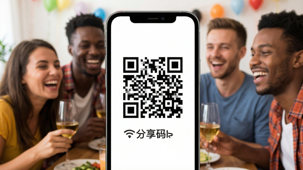 一张展示万能WIFI连接免密软件生成WiFi分享二维码界面的图片,画面中手机屏幕中央显示一个二维码图案,下方有分享码文字,周围有朋友聚会的模糊背景,风格轻松活泼,细节清晰,画质干净无多余元素