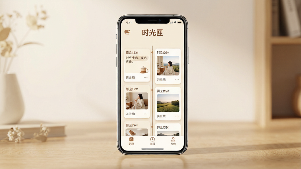 һ��չʾ�ֻ�Ӧ�á�ʱ��ϻ���������ȫ��ͼ������������һ�������ֻ�����Ļ����ʾ��ʱ��ϻ��Ӧ����ҳ�������С�ʱ��ϻ�������ֵ�Logo���м���ʱ���ῨƬʽ���֣�ÿ�ſ�Ƭ��¼�Ų�ͬ���ڵ����ֺ���Ƭ����ͼ���ײ��С���¼�����عˡ����ҵġ�����������ǩ����������װ���ǳ�ص�ůɫ���������ܰ��Լ��ϸ�ڸɾ��������������޶���Ԫ��