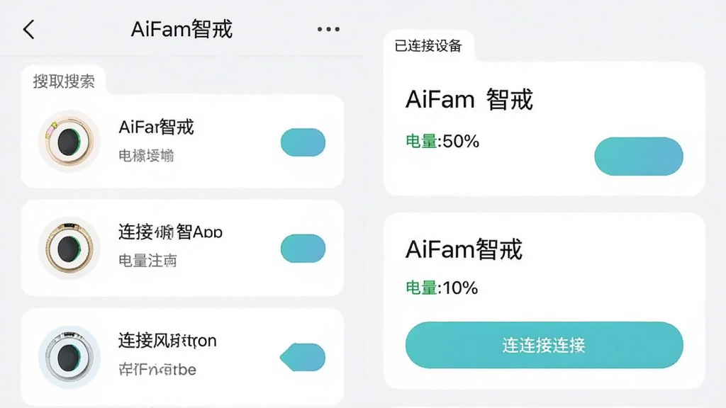 һ��AiFam�ǽ�App���豸���ӹ��������ͼ��������չʾ�������Ľ�ָ�б����������豸��Ƭ����Ƭ���С�AiFam�ǽ䡱���ơ������ٷֱȺ����Ӱ�ť������Ϊǳɫ��������ƽ�����ֱ�ǩ���������ʸɾ��޶���Ԫ��