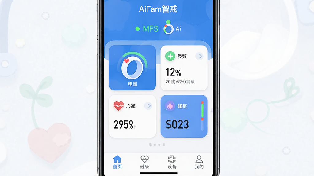 һ��չʾAiFam�ǽ�App���Ľ�����ֻ���ͼ������������������ҳ��������ʾ��AiFam�ǽ䡱�����ͽ�ָ����״̬���м��ǽ�ָ���������������ʡ�˯�ߵ����ݿ�Ƭ���ײ�Ϊ��ҳ���������豸���ҵ��ĸ�������ǩ���������������ˬ��ɫ������ִ���ƽ��ͼ��Բ�󣬻��ʸɾ��������޶���Ԫ��