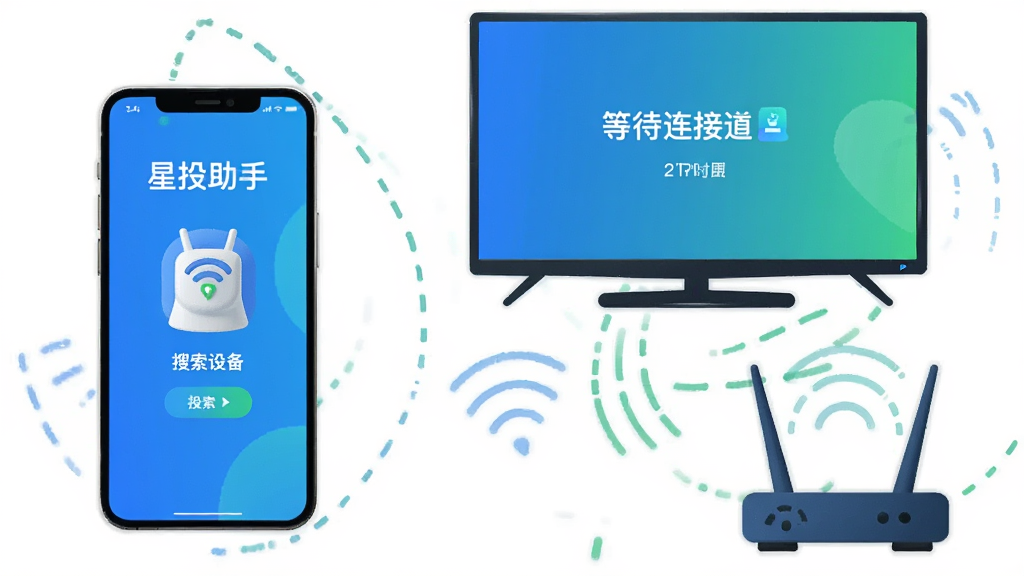 ����չʾһ���ֻ���һ̨���Ӵ���ͬһWiFi���绷���£��ֻ���Ļ��ʾ����Ͷ���֡����������豸��������Ļ��ʾ�ȴ����ӵ���ʾ���Ա���һ��·����ͼ�귢���źŲ��ơ�����Ϊ�����ι�ͼ���ֻ������ӡ�·������ռһ�ǡ����Ϊ��Ϣͼ�廭��ɫ������������ɫ����ɫΪ����ϸ�����źŲ��������߱�ʾ���豸ͼ�����������ʸɾ����޶���Ԫ�ء�