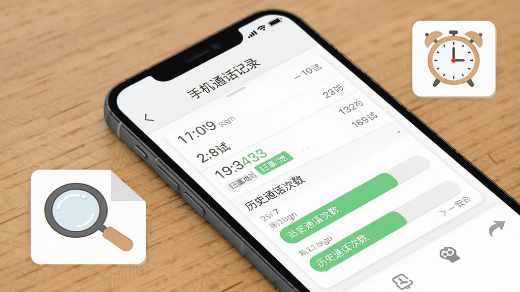 手机通话记录软件功能展示图,主体是手机屏幕特写显示通话详情页面,布局为手机斜放在桌面上,旁边有放大镜和时钟的小图标点缀,风格清新扁平,细节包括通话时长数字、号码归属地标签、历史通话次数统计条,画质干净高清,画面中文字包含“手机通话记录”