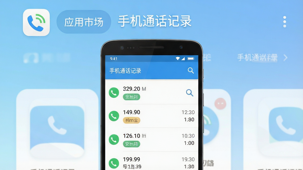手机应用市场展示图,主体是一部安卓手机屏幕显示通话记录列表界面,布局为手机居中放置,背景是浅蓝渐变色的应用商店风格背景,排版上方有应用图标和名称,风格简洁现代扁平化,细节包括通话记录条目、时间戳、号码标签、搜索栏图标,画质高清干净无多余元素,画面中文字包含“手机通话记录”