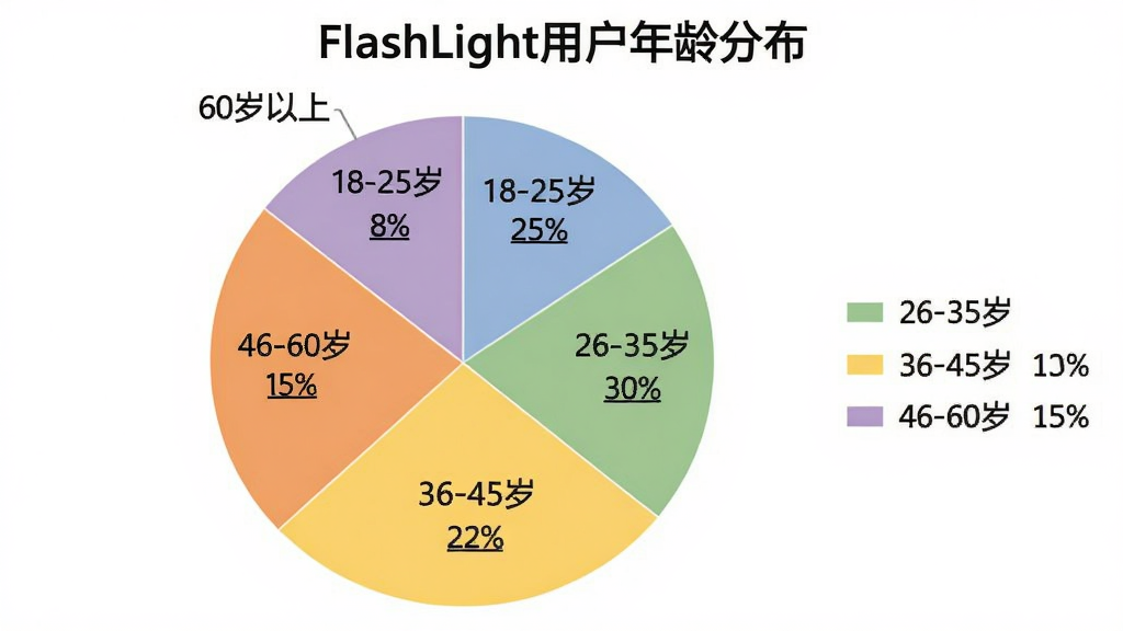 一个饼状图,标题为“FlashLight用户年龄分布”,图表分为五个扇形区域,分别标注“18-25岁 25%”、“26-35岁 30%”、“36-45岁 22%”、“46-60岁 15%”、“60岁以上 8%”。饼图配色为柔和的蓝、绿、黄、橙、紫,每个扇形区块内显示百分比数字,图例位于图表右侧。整体风格简洁商务,数据标签清晰可读,画质干净。