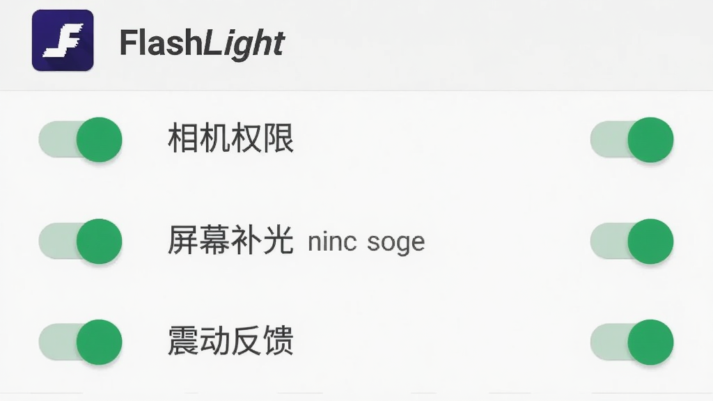 一部安卓手机显示FlashLight的应用设置页面,页面极简,只有三个选项开关:相机权限、屏幕补光、震动反馈,每个开关旁边配有简短的文字说明。页面顶部有FlashLight的应用图标和名称。背景为纯白色,文字为深灰色,开关为绿色激活状态。整体设计风格为Material Design扁平化,排版整齐,画质清晰。