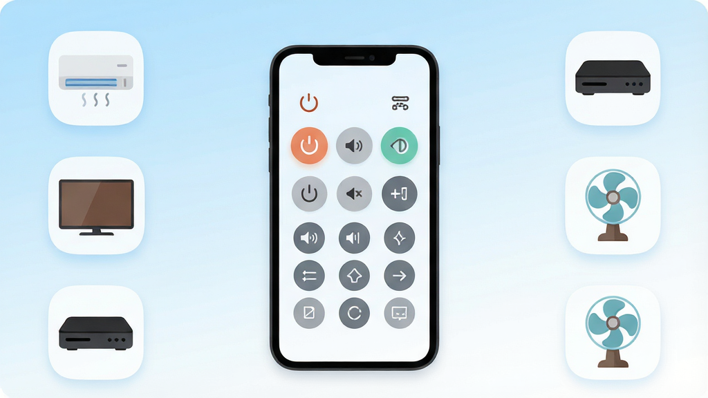 һ��չʾ������ң�ؼҵ����С�ܼҡ�App��������ֻ���Ļ��ͼ�������������ֻ�ͼ�Σ���Ļ����ʾ����ң�����������֣�������Դ��������Ƶ����ͼ�꣬��Χ�����ſյ������ӡ������С����ȵȼҵ�ı�ƽ��Сͼ�꣬����Ϊ��͵�ǳ������ɫ���䣬����ִ���ˬ��ϸ��Բ�󣬻��ʸɾ��޶���Ԫ��