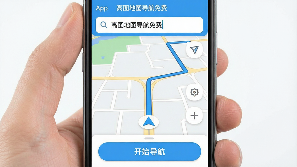 一张手机屏幕展示“高图地图导航免费”App主界面的图片,画面中央是简洁的地图路线导航界面,蓝色导航路线清晰,底部有“开始导航”按钮,顶部搜索框显示目的地输入状态,整体风格清爽扁平,画质干净无多余元素