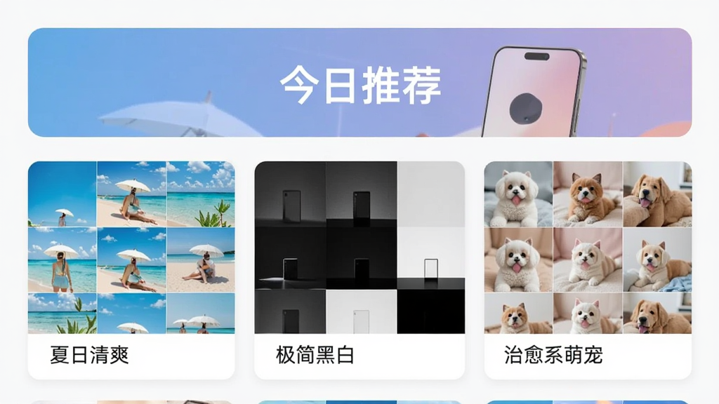 手机界面展示“瞬秀壁纸”的专题推荐页,顶部横幅写着“今日推荐”,下方卡片式排列多个专题合集,如“夏日清爽”“极简黑白”“治愈系萌宠”,每个专题配三张拼图预览,整体排版整洁,风格现代,画质干净,无多余元素