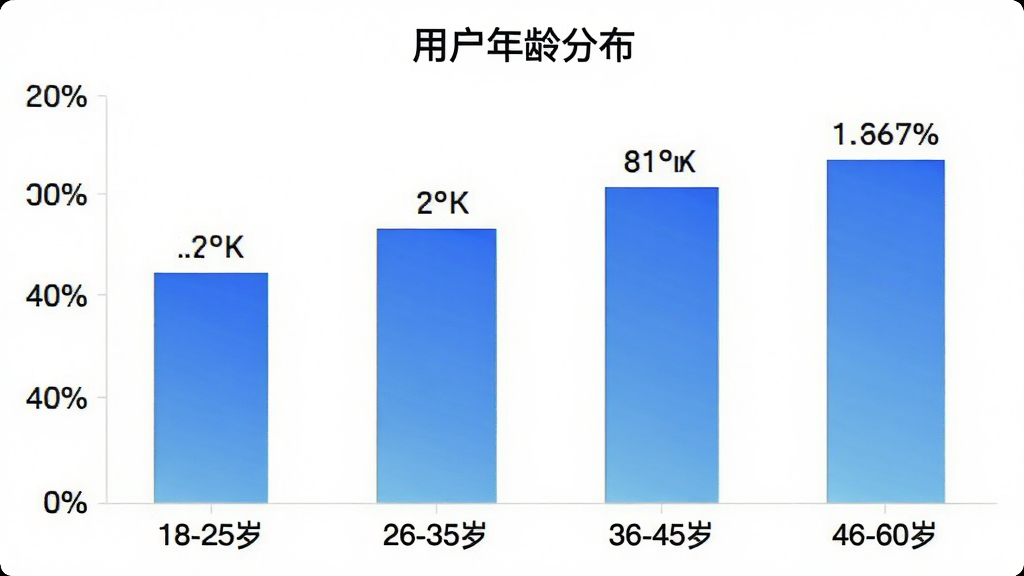 柱状图展示“瞬秀壁纸”用户年龄分布,横轴为年龄段“18-25岁”“26-35岁”“36-45岁”“46-60岁”,纵轴为用户占比百分比,柱体颜色为蓝色渐变,图表标题为“用户年龄分布”,背景白色,数据标签清晰,风格简洁,画质干净,无多余元素