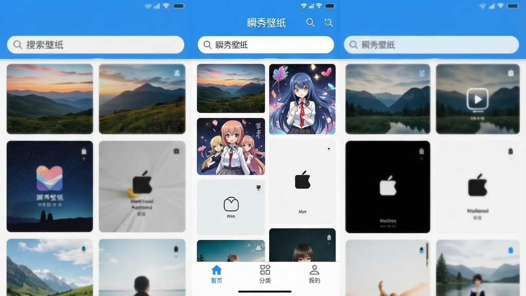 一张手机壁纸应用界面截图,画面中央展示“瞬秀壁纸”App的主页,顶部搜索栏,中间瀑布流展示多张高清壁纸缩略图,包含风景、动漫、简约风格,底部导航栏有首页、分类、我的三个图标,整体布局清爽,蓝白配色,扁平化设计,画质干净,无多余元素
